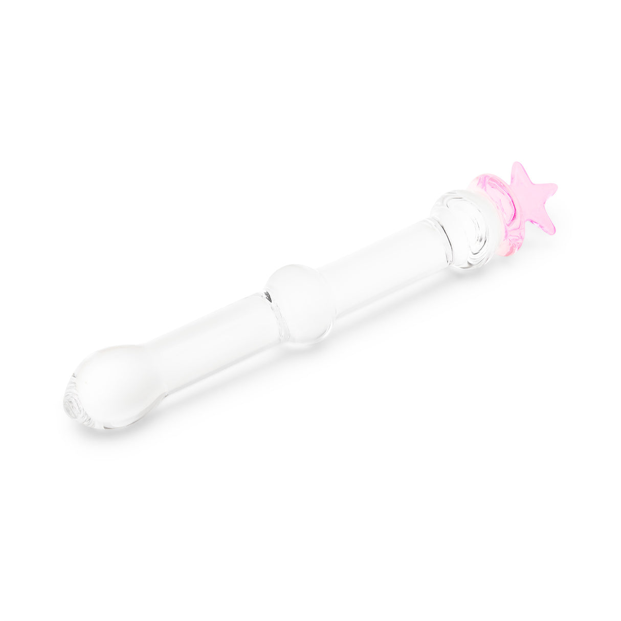 beaded glass dildo featuring a pink star base and mid-shaft bead on a white background