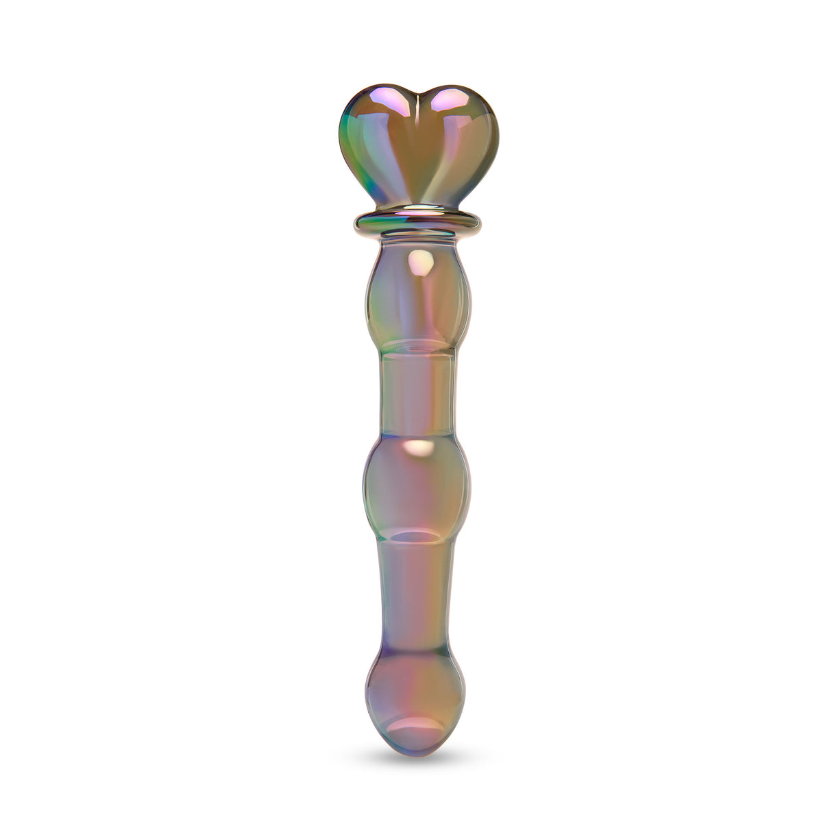 Glass dildo with an Iridescent Beaded Shaft and a heart base on a white background
