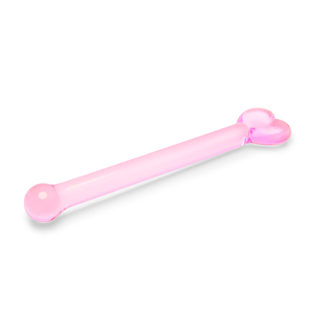 Pink glass dildo with a heart base and round tip on a white background