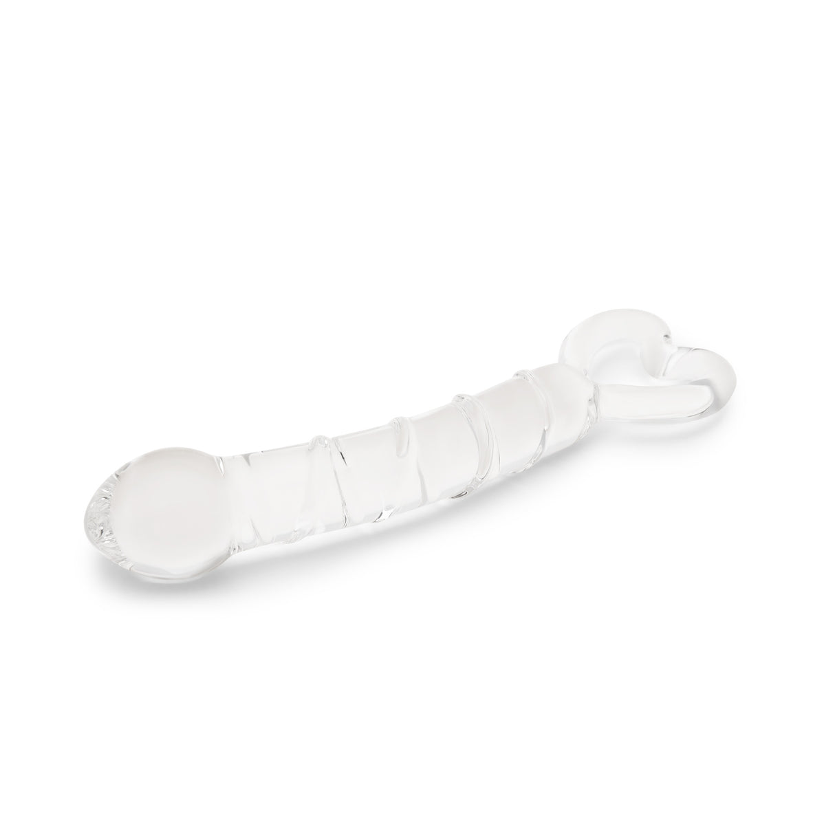 Spiraled Ridge Glass Dildo with heart-shaped base on a white background