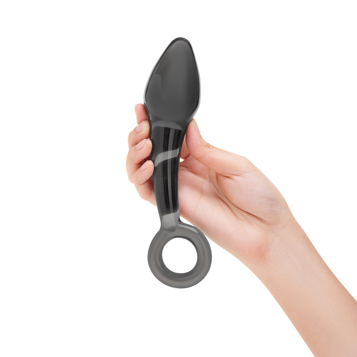 Hand holding a Bulbous Teardrop Tip Glass Dildo on a white background