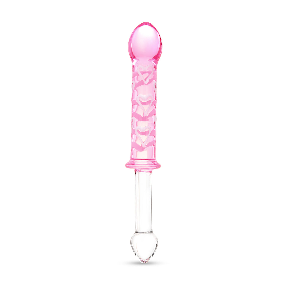 dual-ended glass dildo featuring a smooth end and a pink ribbed textured end