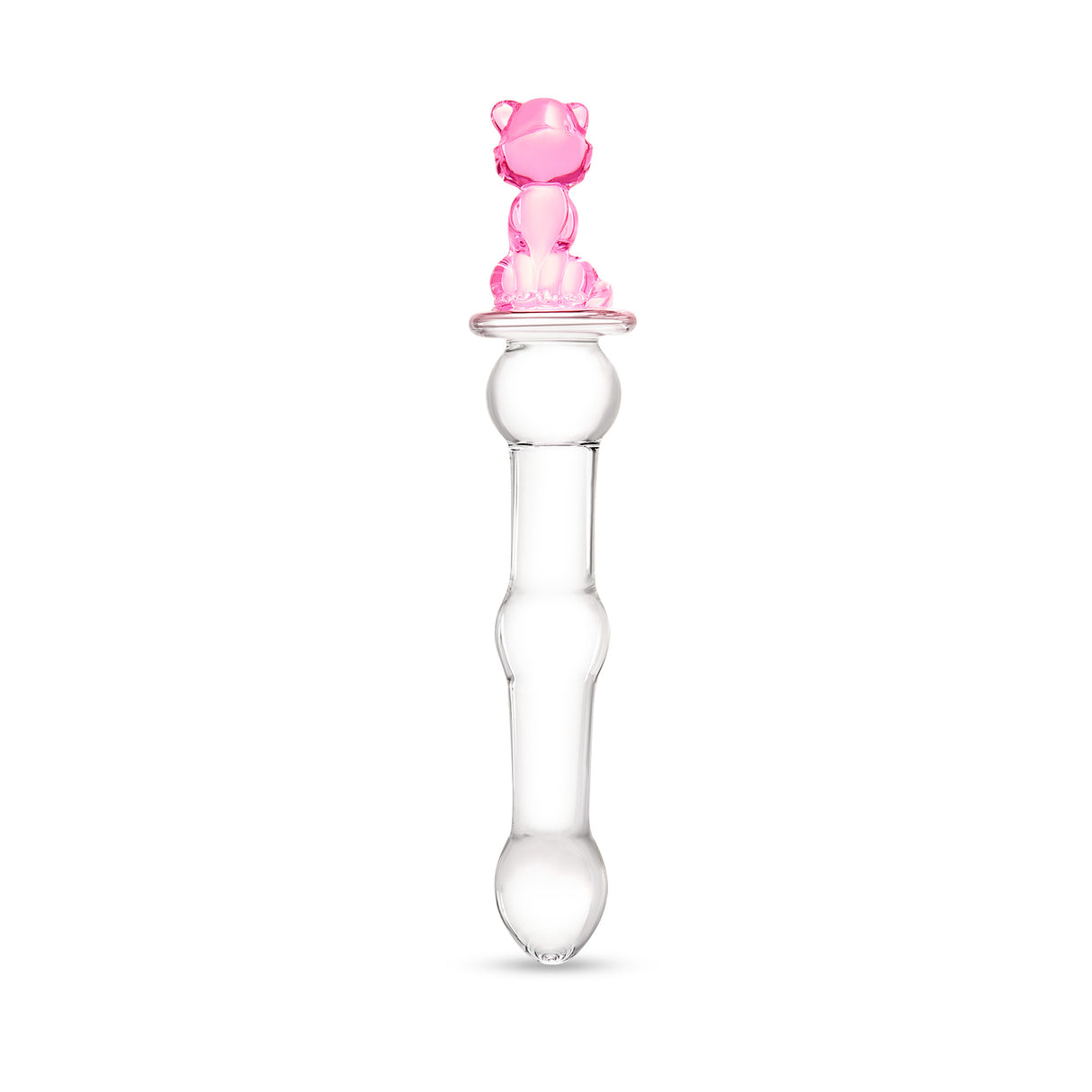 Beaded Glass Dildo with pink cat base on a white background