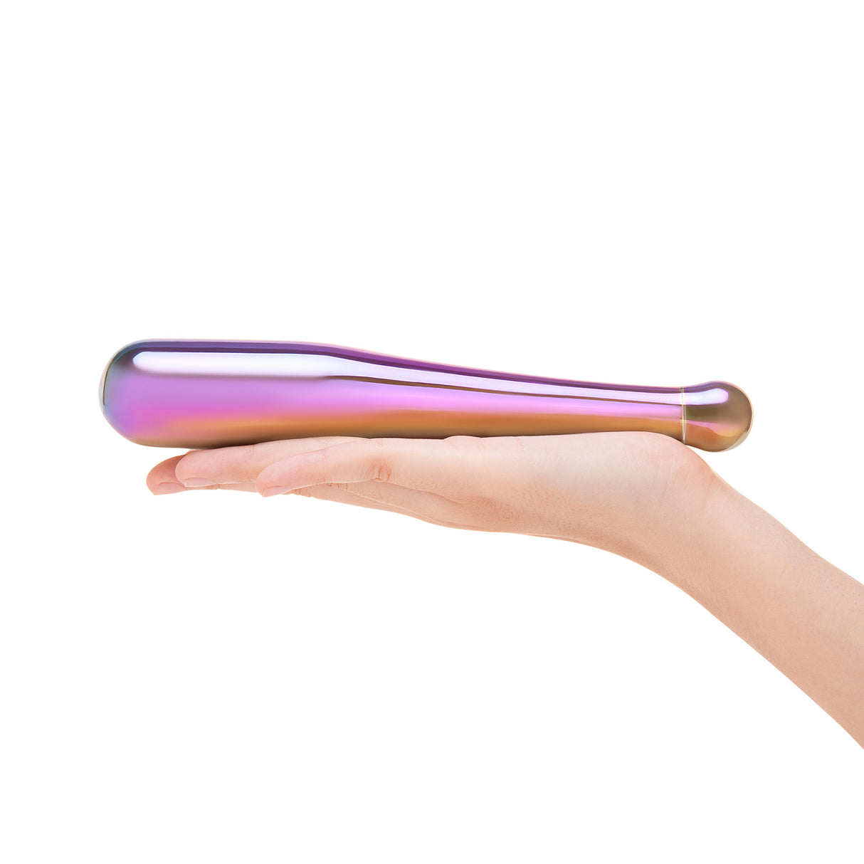 Hand holding a Chrome Baseball Bat Shaped Dildo against a white background