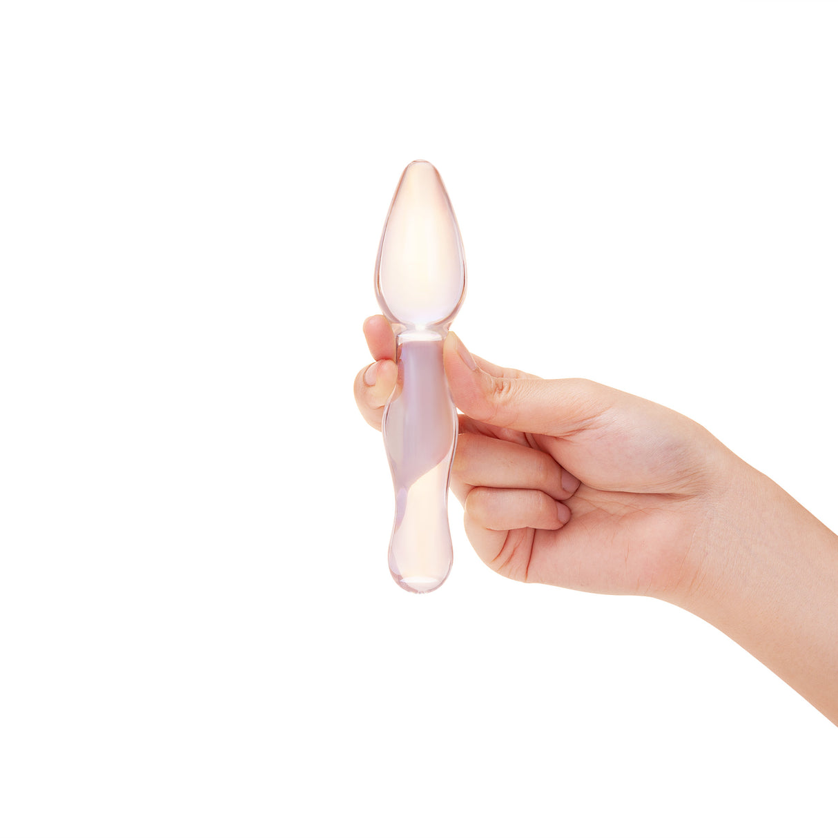 A hand holding the holographic glass wand to show its slim control and overall length.