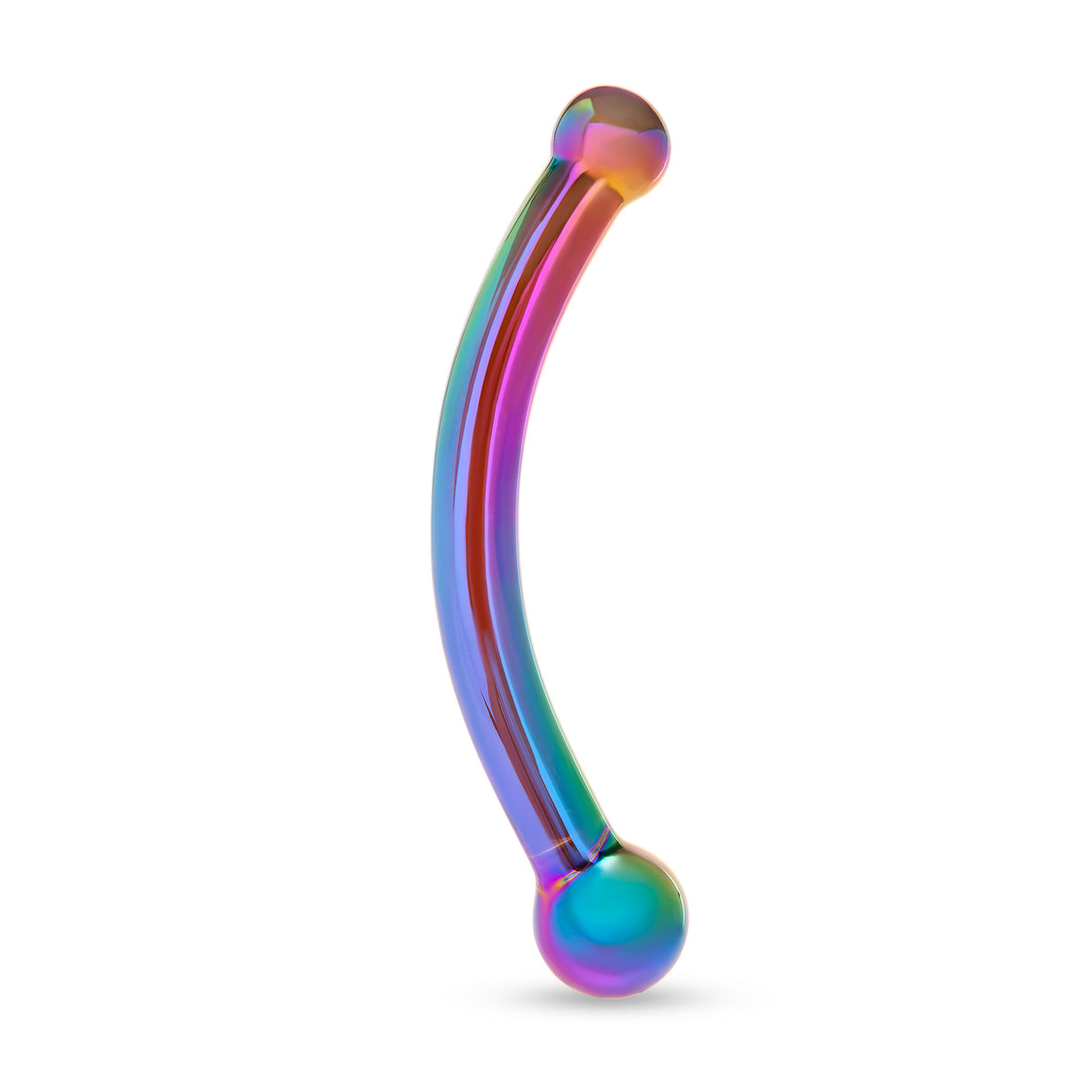 Iridescent curved glass dildo featuring bulb ends and smooth shaft on a white background