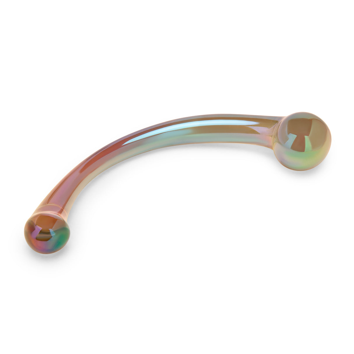 Multicolored c-shaped glass dildo on a white background