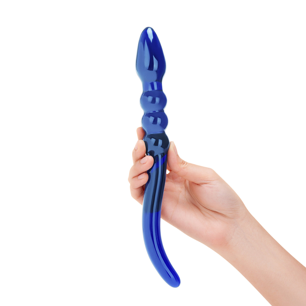 Hand holding a Blue Mirage - Dual-Ended dildo featuring tapered and beaded ends against a white background