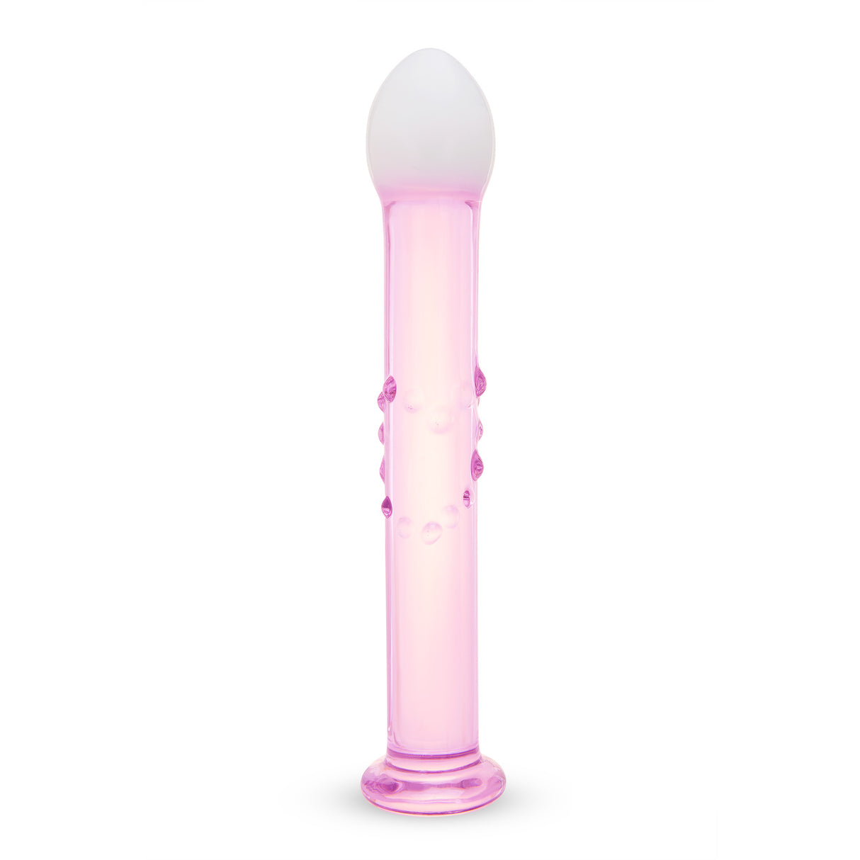 glass anal plug featuring a blush-pink shaft and frosted white tip with bubble-accented shaft on a white background