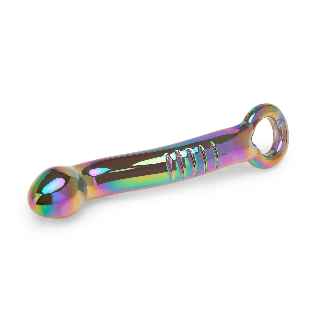 Holographic Curved Glass Dildo with a teardrop shaped tip and ribbed texture on a white background