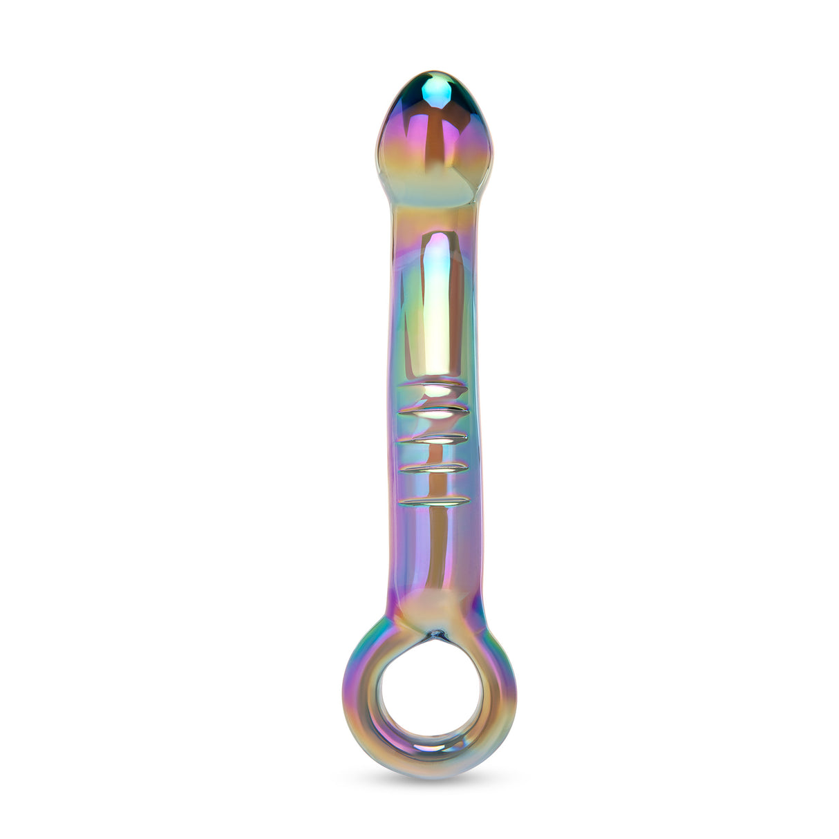 Holographic Curved Glass Dildo with a teardrop shaped tip and ribbed texture on a white background