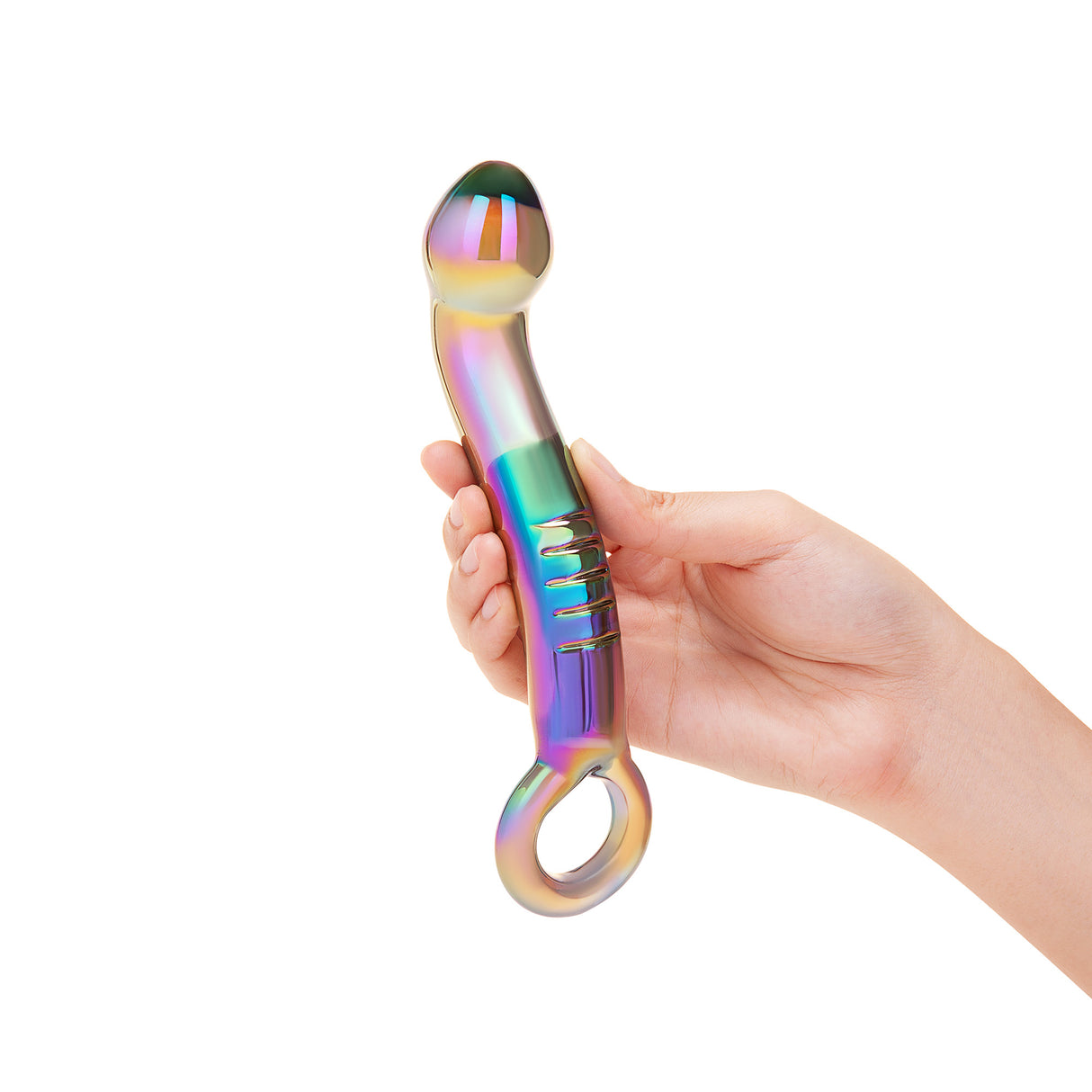 Holographic Curved Glass Dildo with a teardrop shaped tip and ribbed texture against a white background