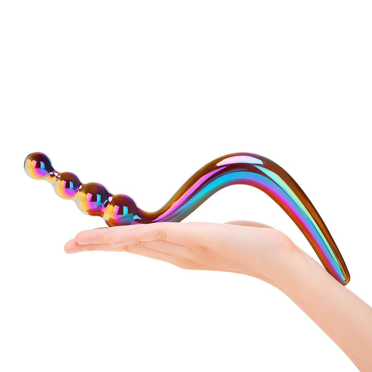 Multicolored Dual-Ended Glass Dildo with beaded and smooth ends held in a hand against a white background