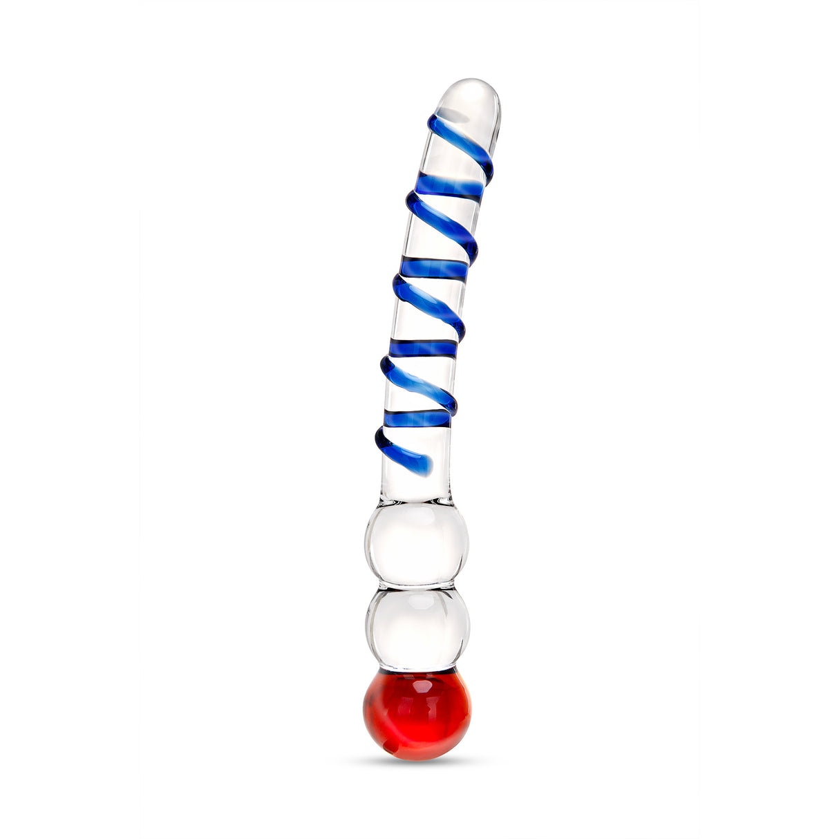 Dual-Ended Glass Dildo featuring a swirled textured shaft and beaded tip with blue and red colors on a white background