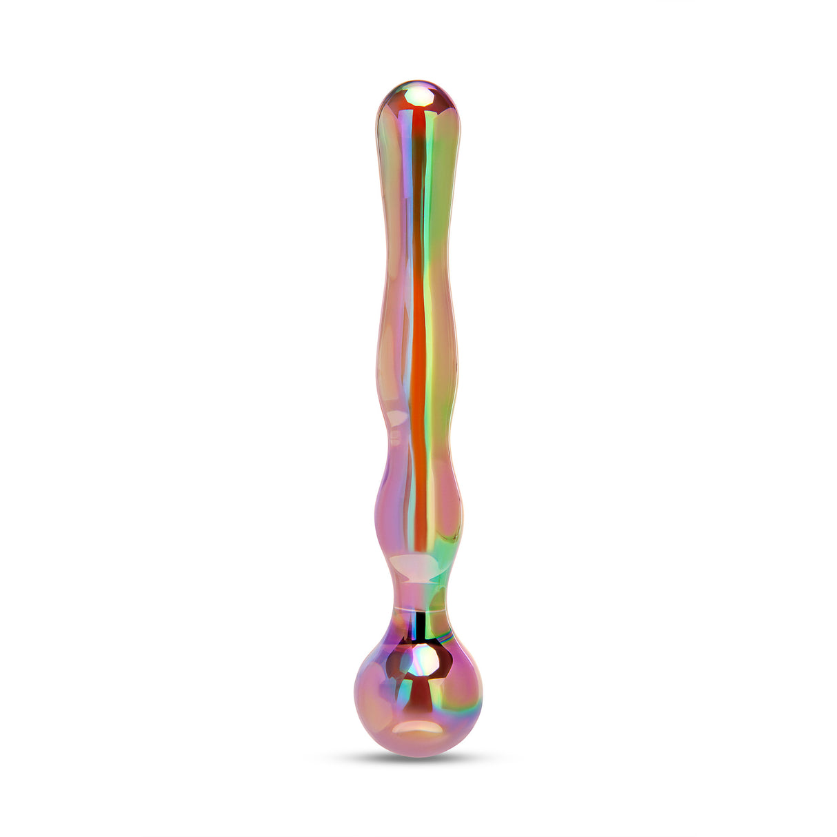 holographic dual-ended glass dildo with a beaded end, wavy center and a round base on a white background