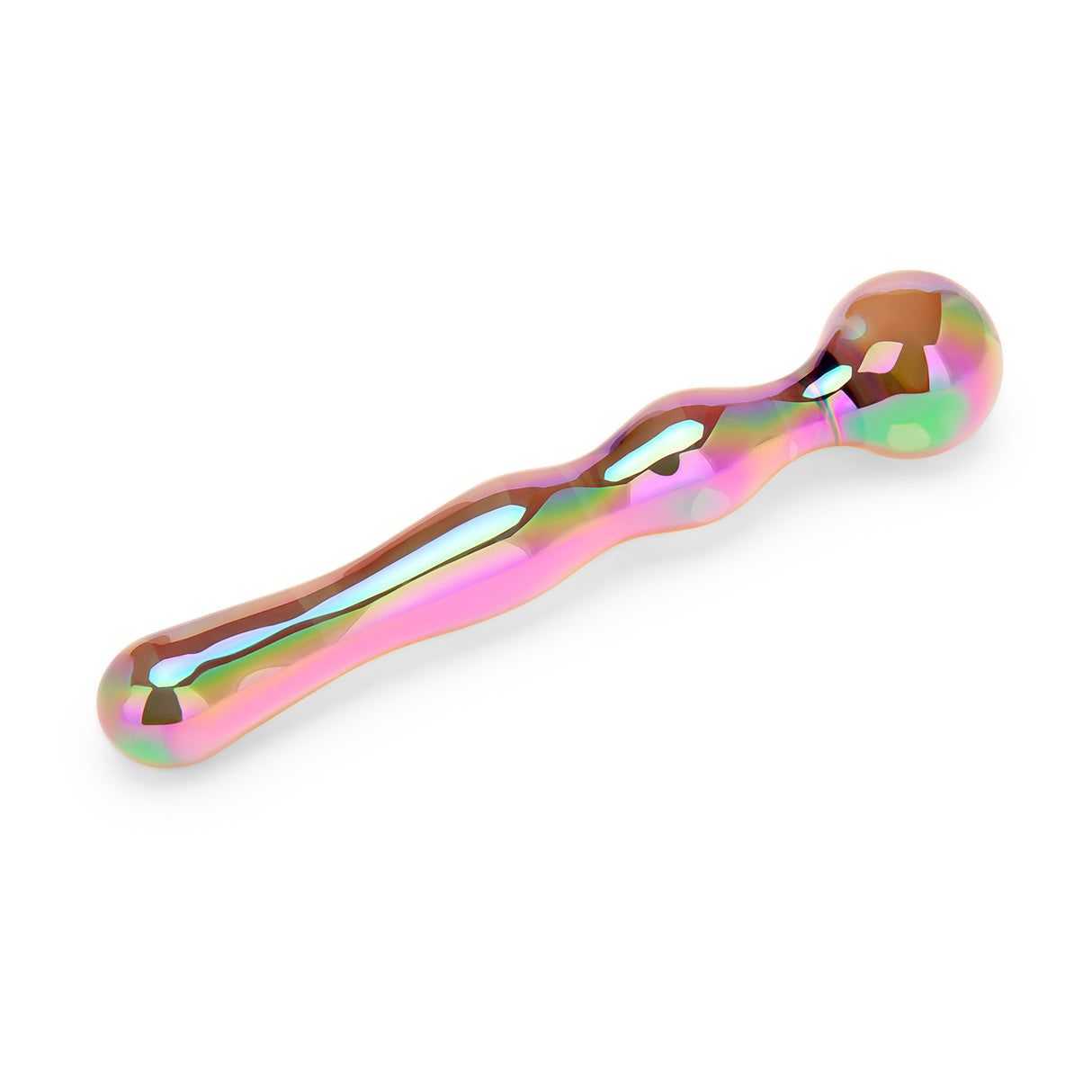 holographic dual-ended glass dildo with a beaded end, wavy center and a round base on a white background
