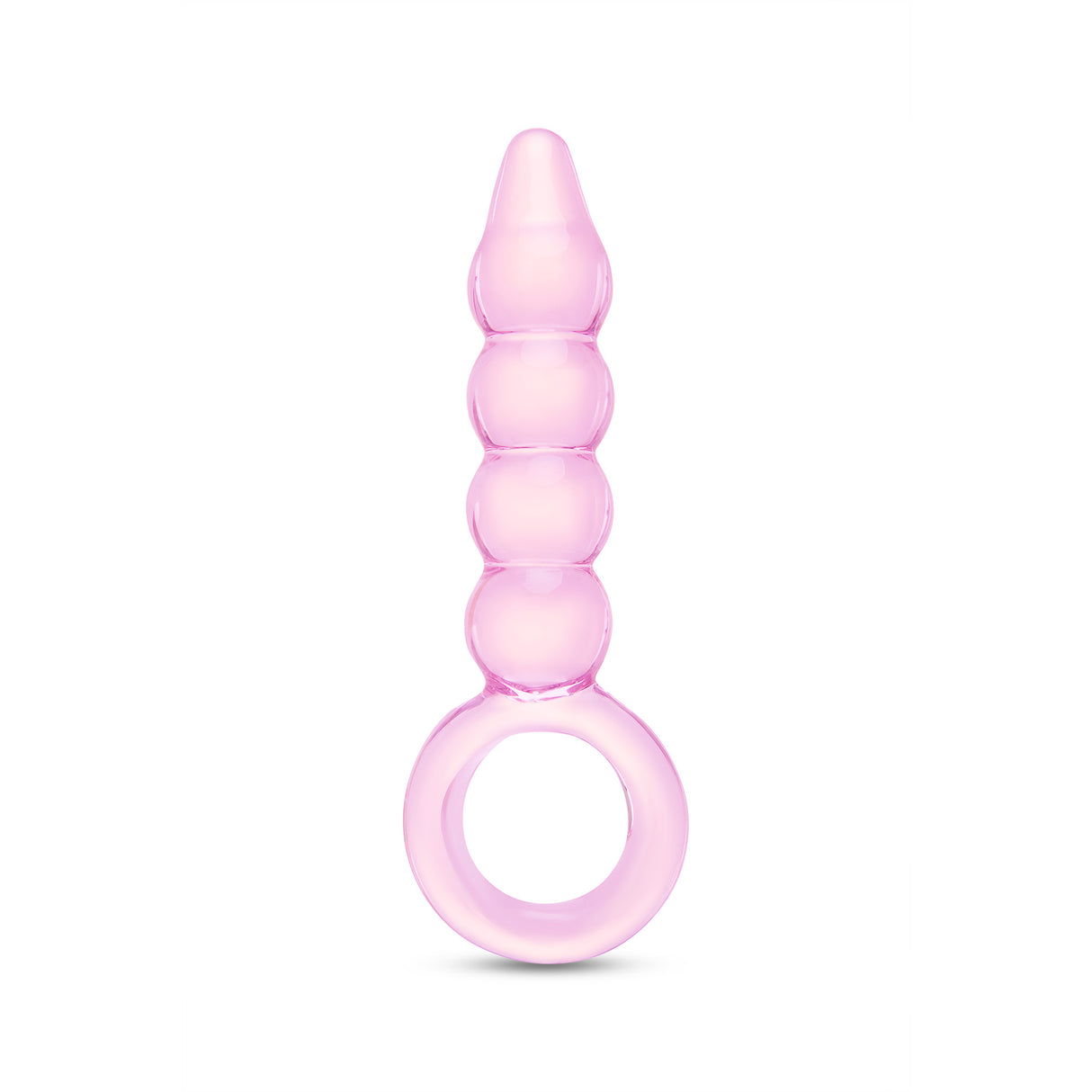 Pink glass anal plug with beaded shaft, tapered tip and ring base on a white background