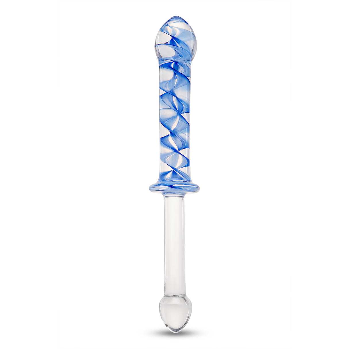 Dual-Ended Glass Dildo with two tapered tips - one slim and one thick on a white background