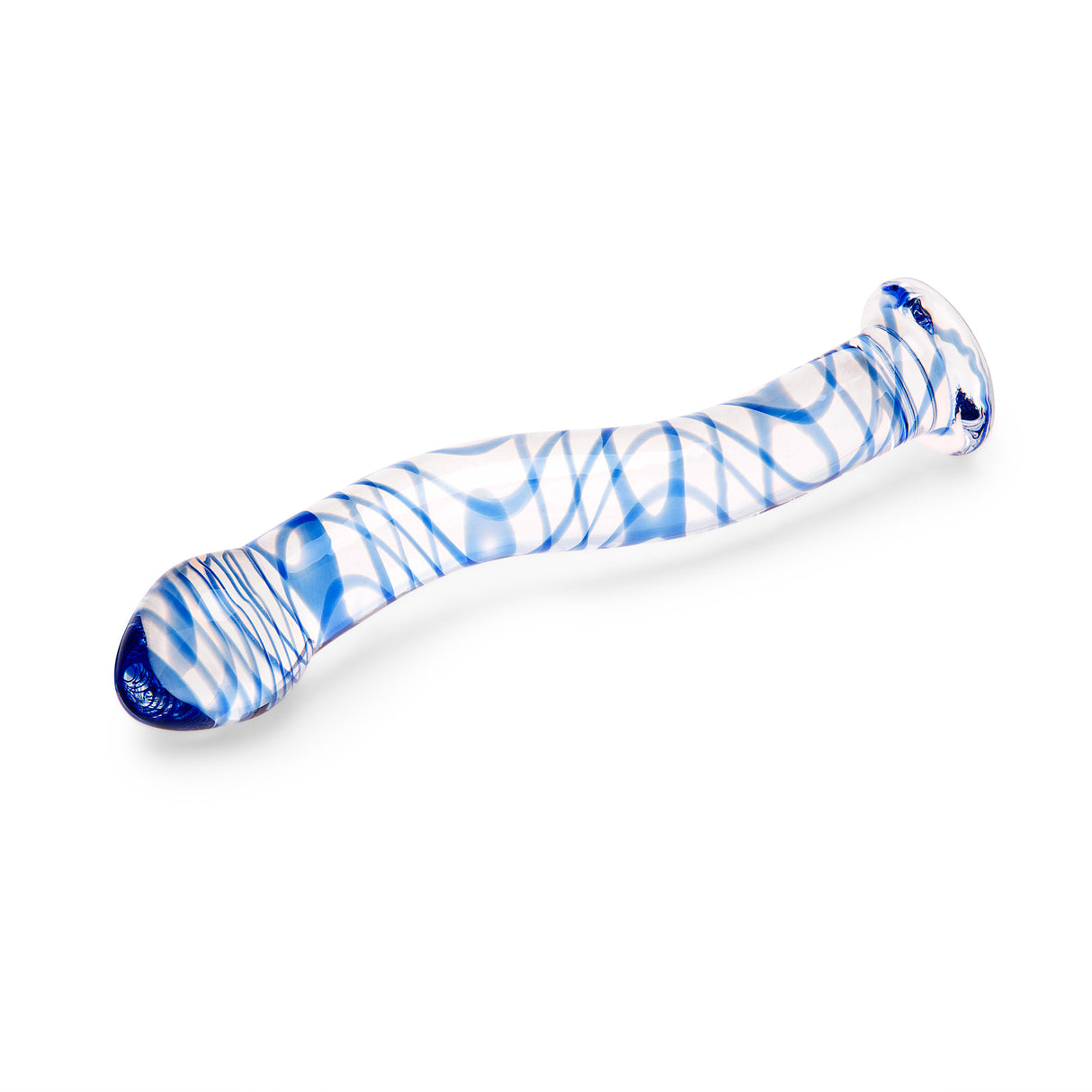 Curved Glass Anal Plug featuring a teardrop tip and blue swirl design on a white background