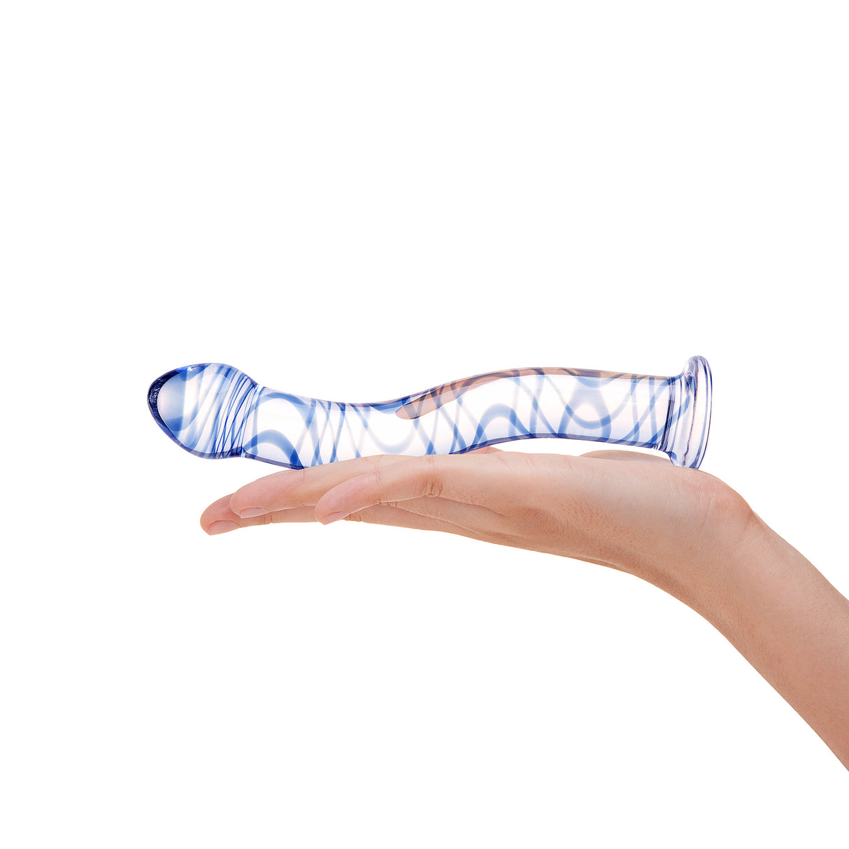 Curved Glass Anal Plug featuring a teardrop tip and blue swirl design held in a hand on a white background