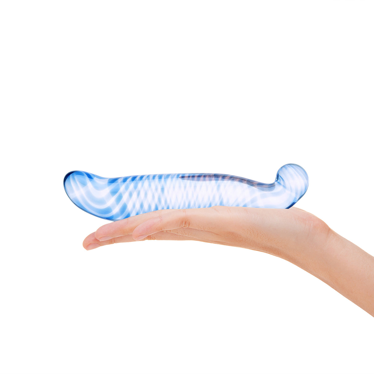 Dual-Ended Glass Dildo with a gently curved shaft and features blue swirls and crisscrossing patterns held in a hand on a white background