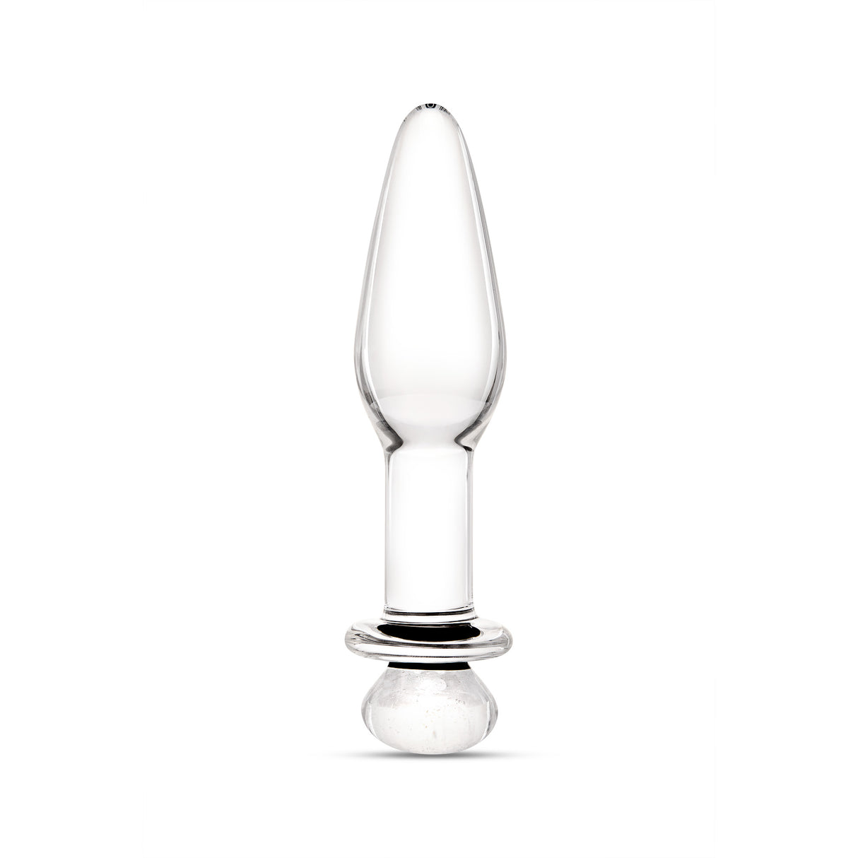 Sparkle Glass Anal Plug with tapered tip and flat, flared base on a white background