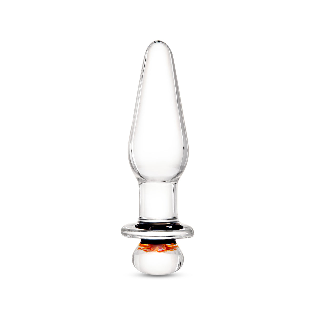 Glass anal plug with slim tapered tip on a white background