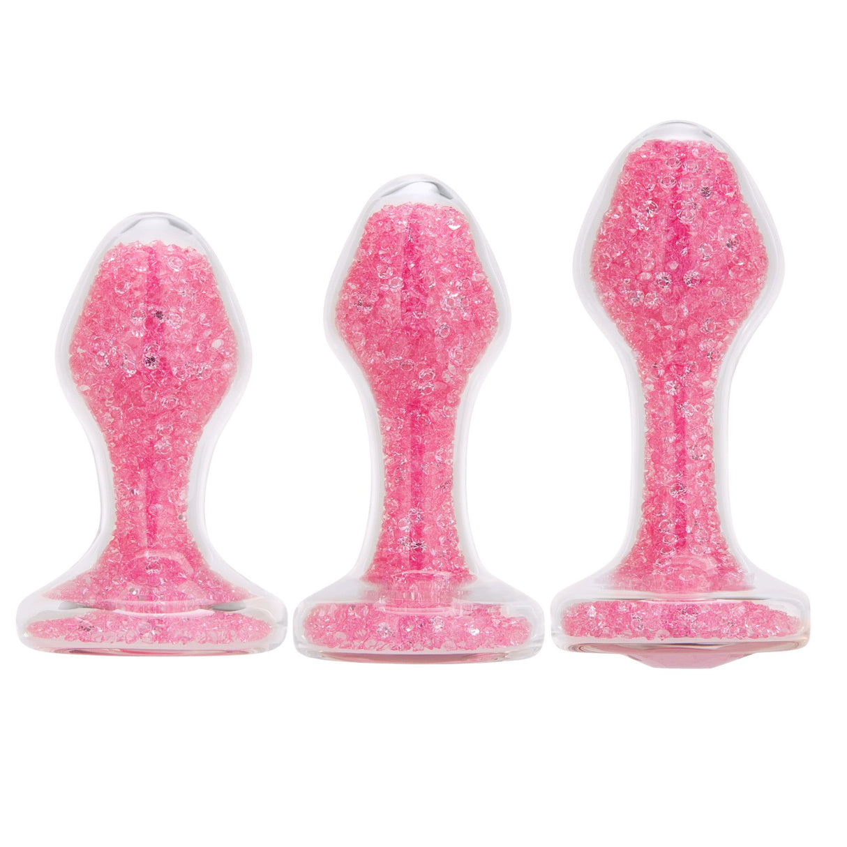 Scale Reference: Three Pink Celestia plugs standing side-by-side to illustrate Small, Medium, and Large size options.