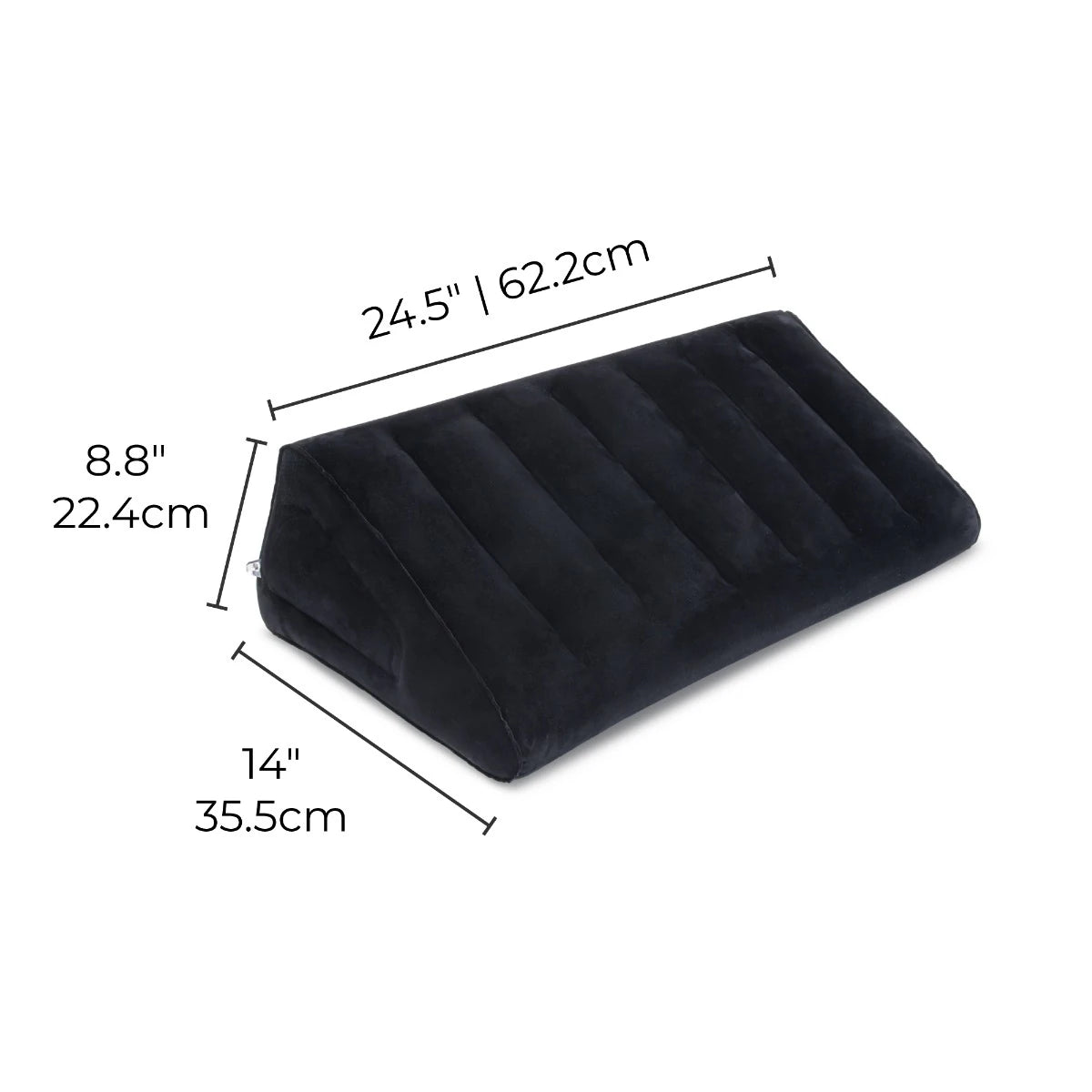 Black inflatable wedge pillow with measurements on a white background