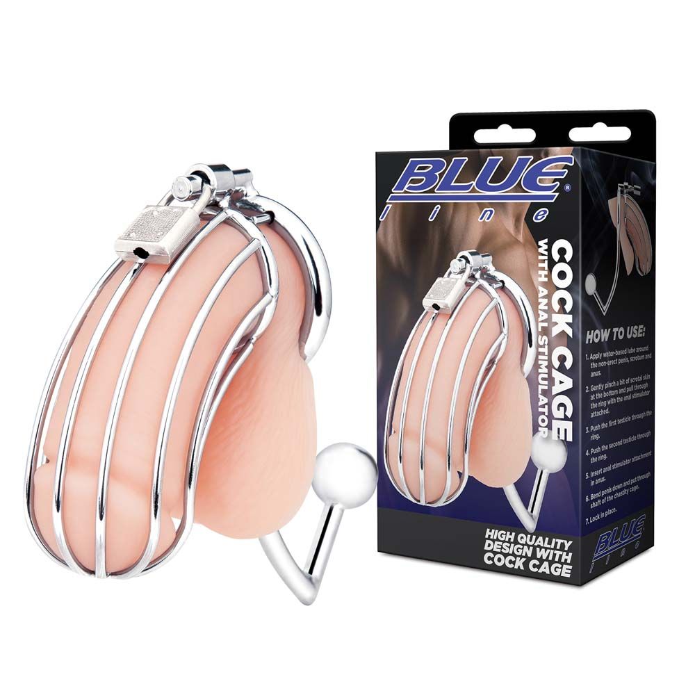 Packaging of the Blue Line Cock Cage With Anal Stimulator