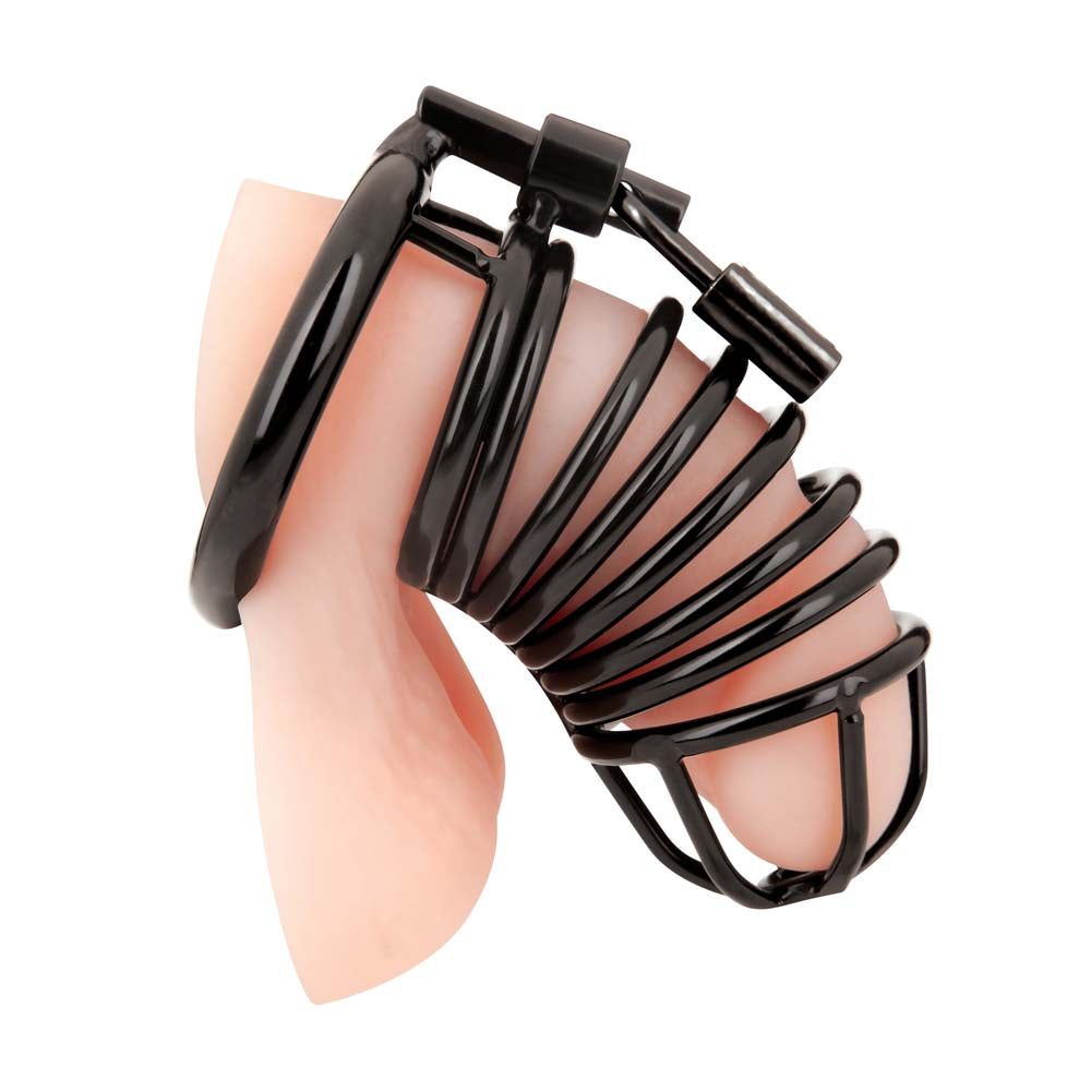 Horizontal view of the Blue Line Deluxe Chastity Cock Cage with Lock (Stainless Steel)