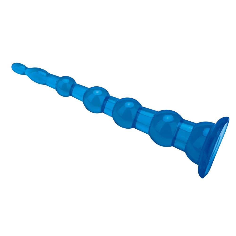 Horizontal view of the Blue Line 8.5" Anal Beads With Suction Base