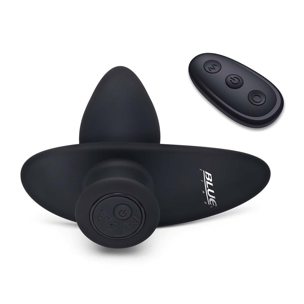 Bottom view of the charging socket of the Blue Line Impaler - Deep Drilling Remote Controlled Butt Plug and its remote control