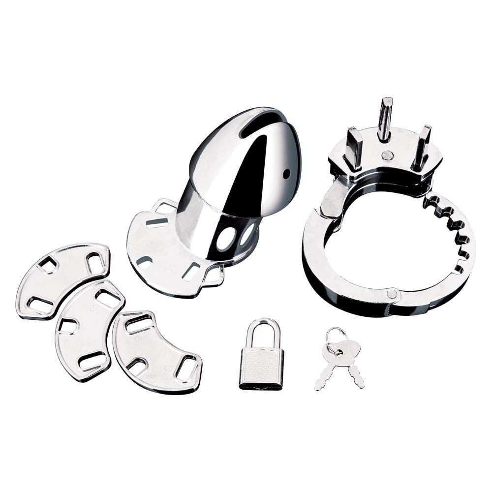 Cock cage shaft, cock cage base, cock cage length adjustment plates, lock and key as part of the Blue Line Obedience Cock Cage set