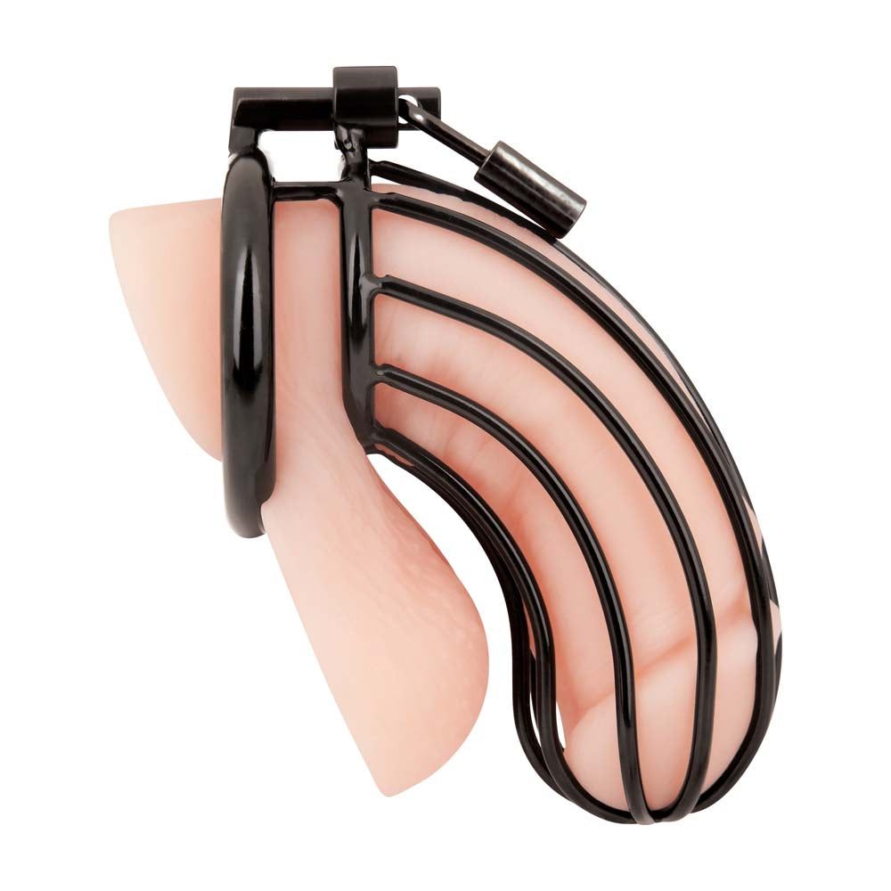 Horizontal view of the Blue Line Prisoner Chastity Cock Cage with Lock (Stainless Steel)