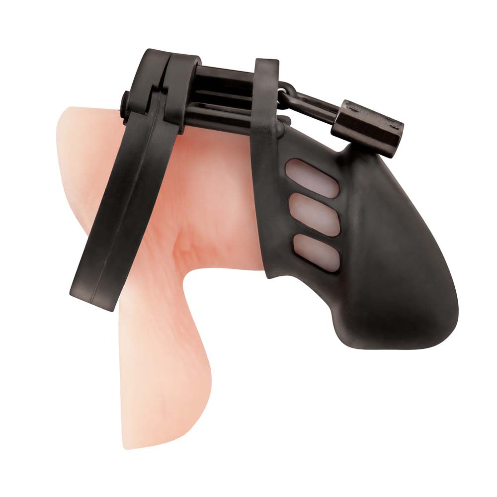 Horizontal view of the Blue Line Silicone Chastity Cock Cage with Lock