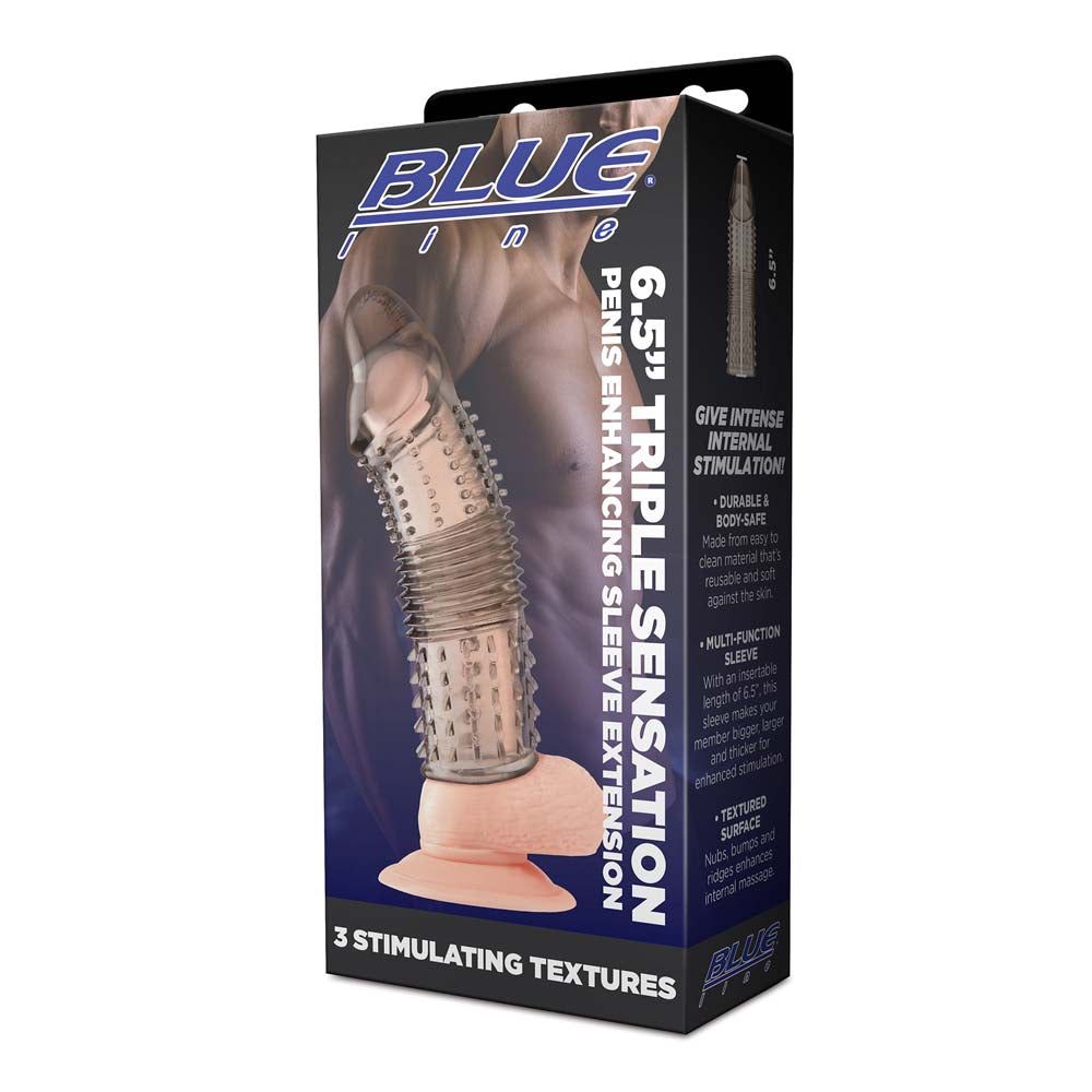 Packaging of the Blue Line 6.5" Triple Sensation Penis Enhancing Sleeve Extension