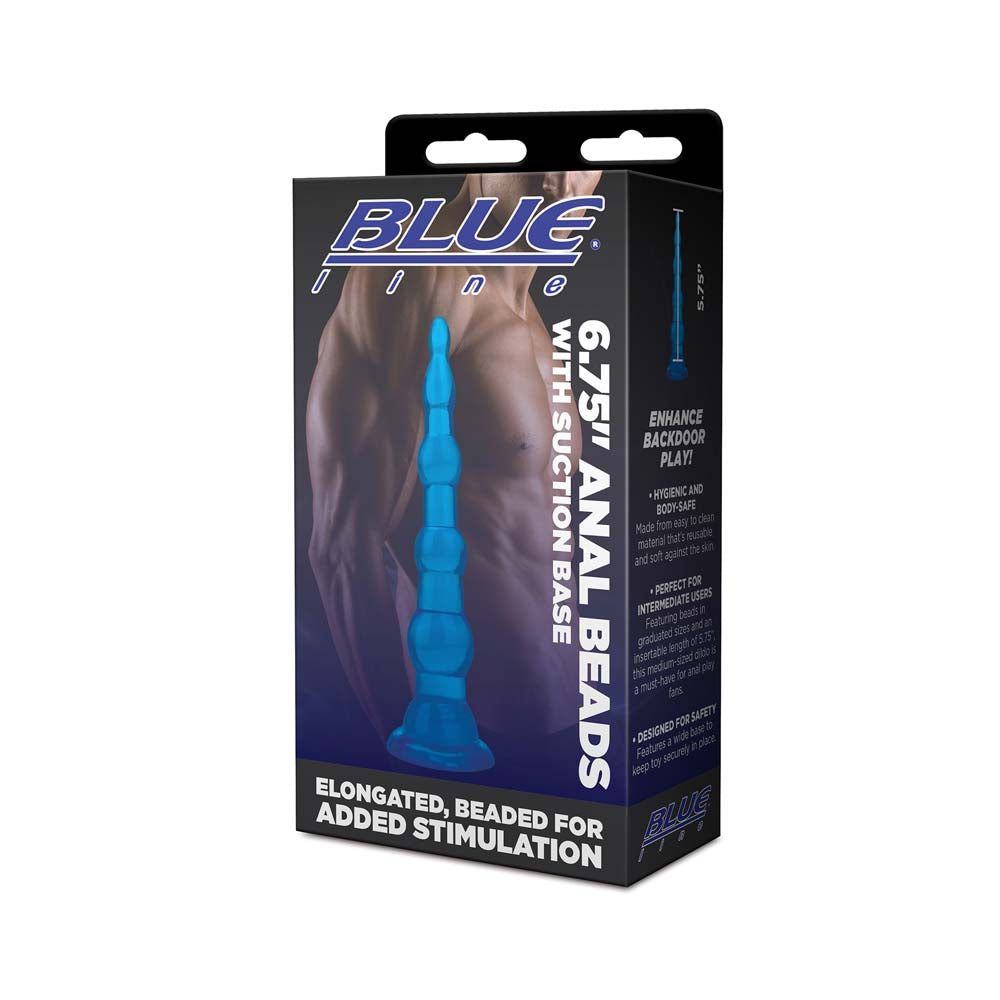 Packaging of the Blue Line 6.75" Anal Beads With Suction Base