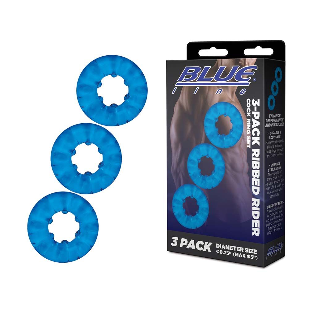 Packaging of the Blue Line 3-Pack Ribbed Rider Cock Ring Set
