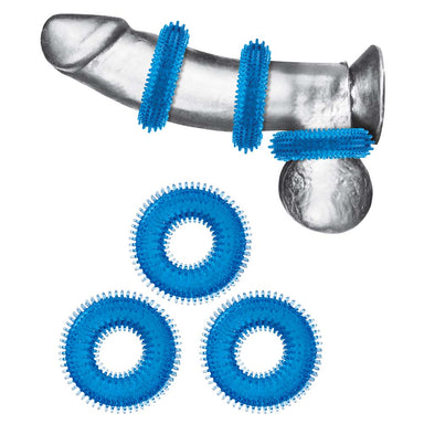Dildo wearing the Blue Line 3-Pack Ultra-Stim Stretch Cock Rings