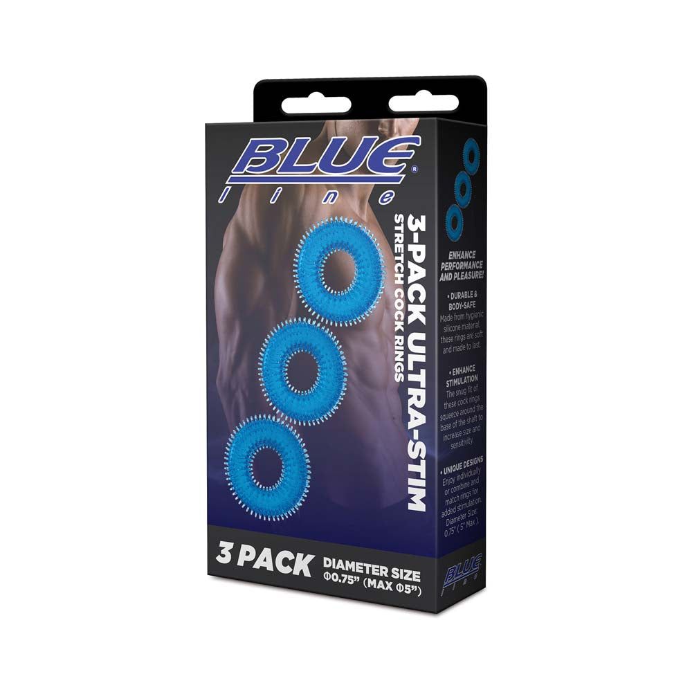 Packaging of the Blue Line 3-Pack Ultra-Stim Stretch Cock Rings