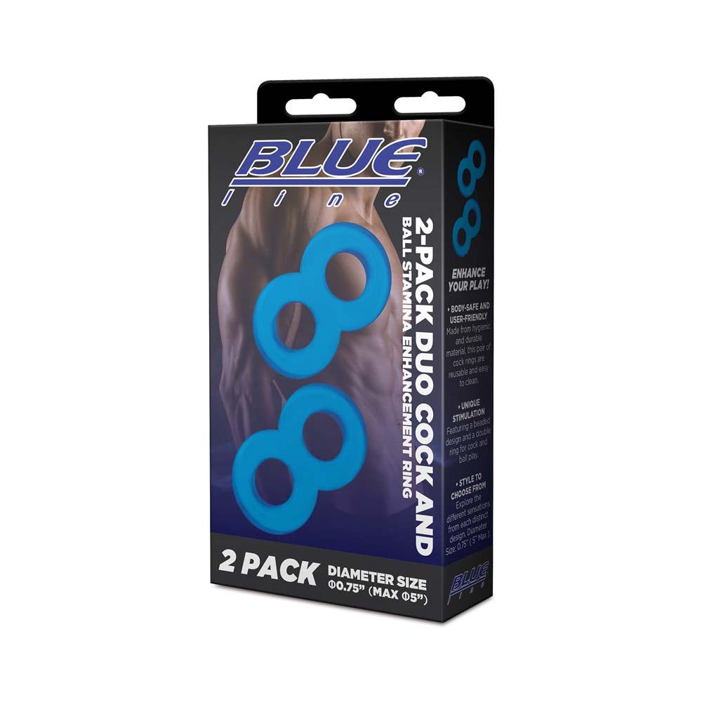 Packaging of the Blue Line 2-Pack Duo Cock And Ball Stamina Enhancement Ring
