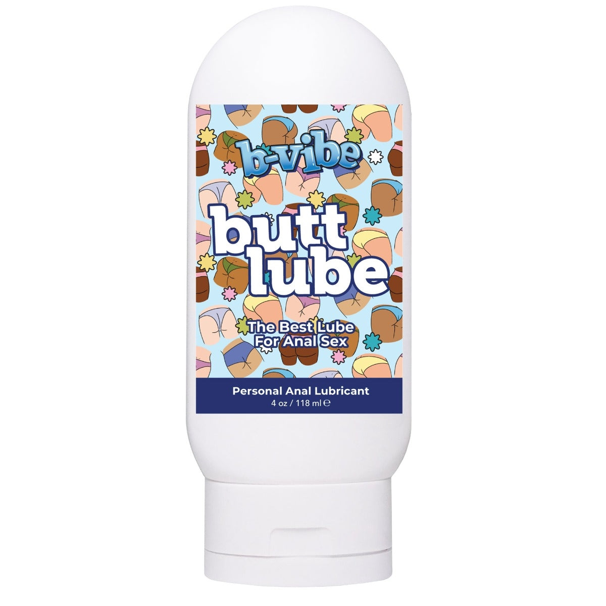 B-vibe butt lube container with colorful label on a white background