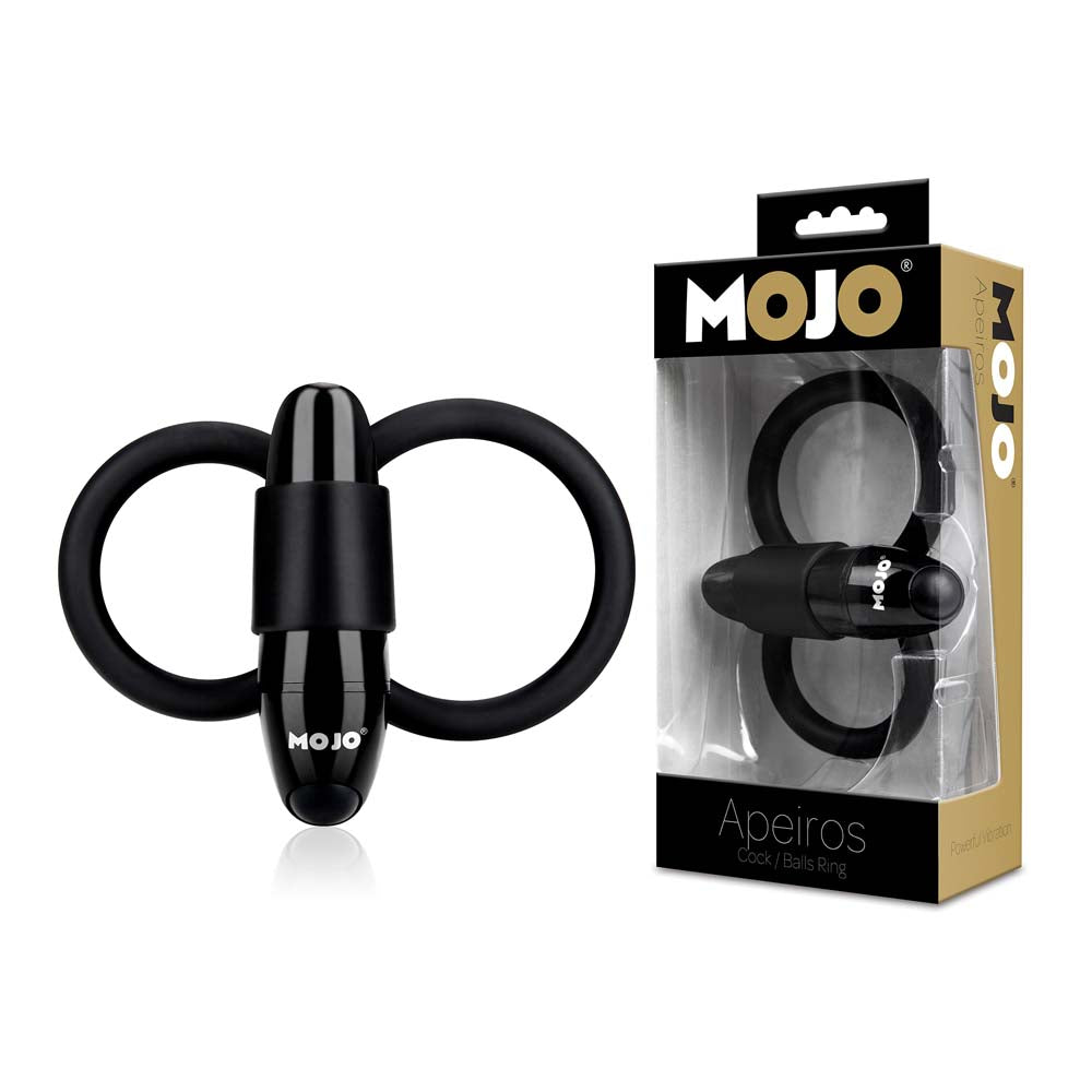 Packaging of the Mojo Apeiros vibrating cock and testicles ring