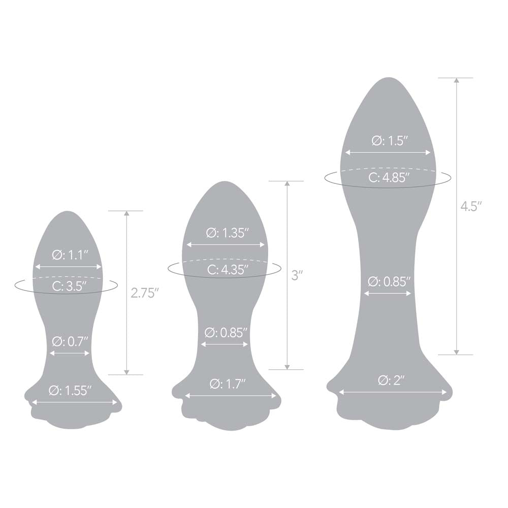 Size and measurements of the 3 Piece Gläs Rosebd Butt Plug Set