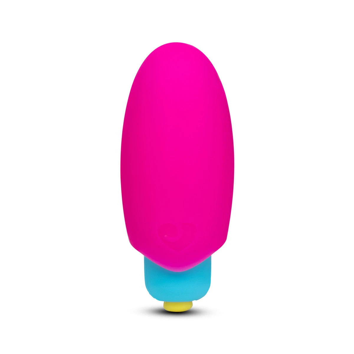 Blue mini finger vibrator displayed in a hot pink travel case.