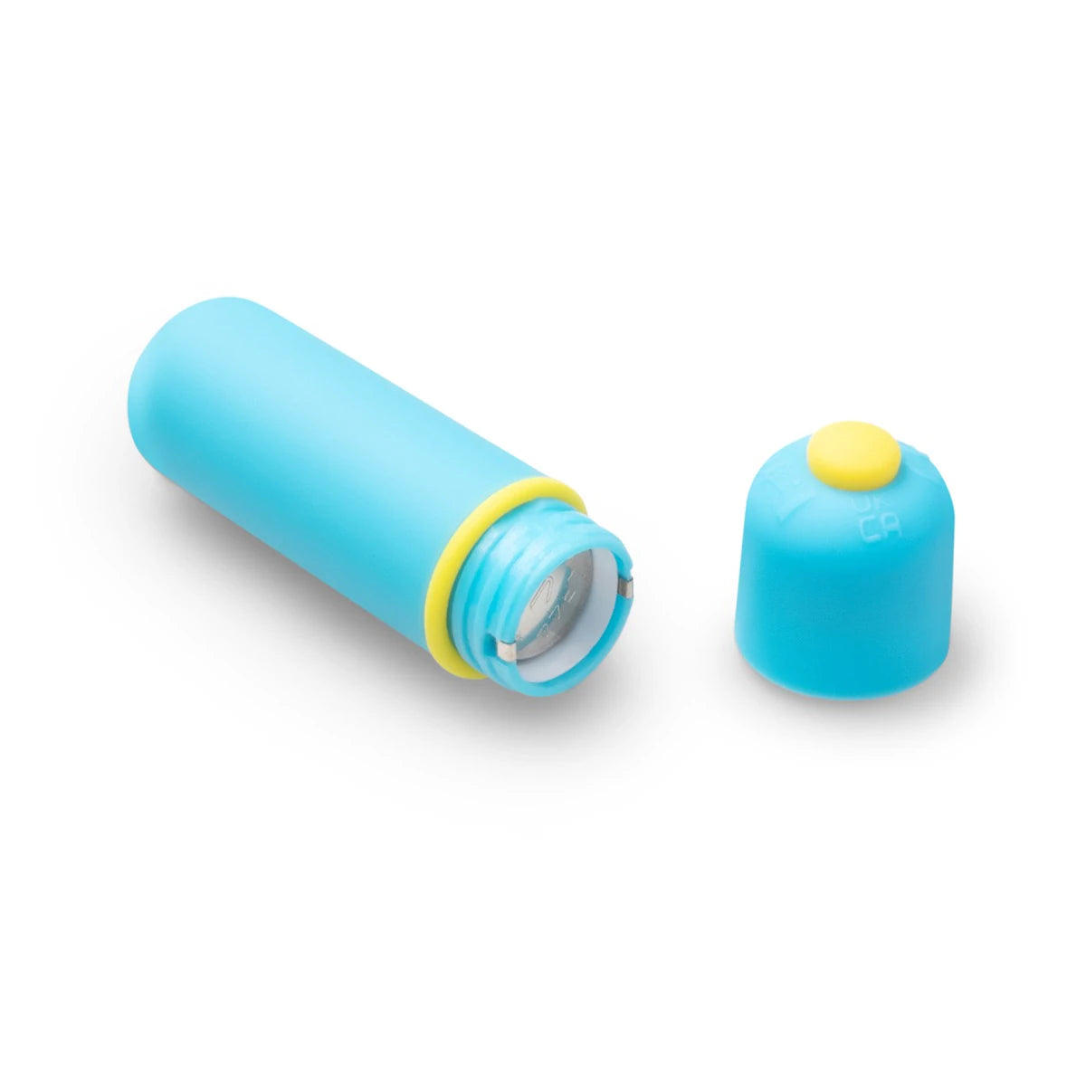 Blue cylindrical container with yellow accents on a white background