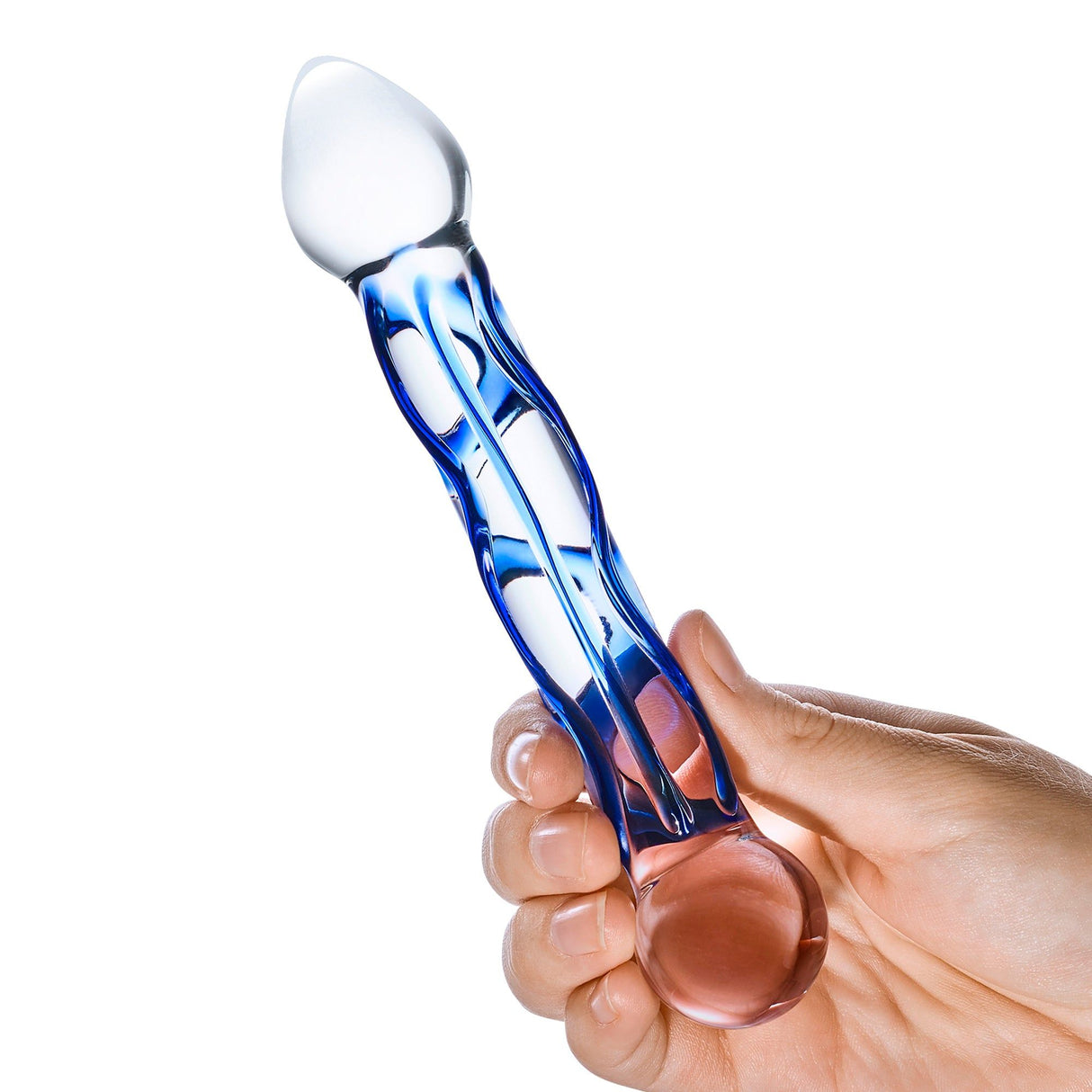 Model holding the Gläs 6.5" Textured Double Sided Blue Glass Dildo