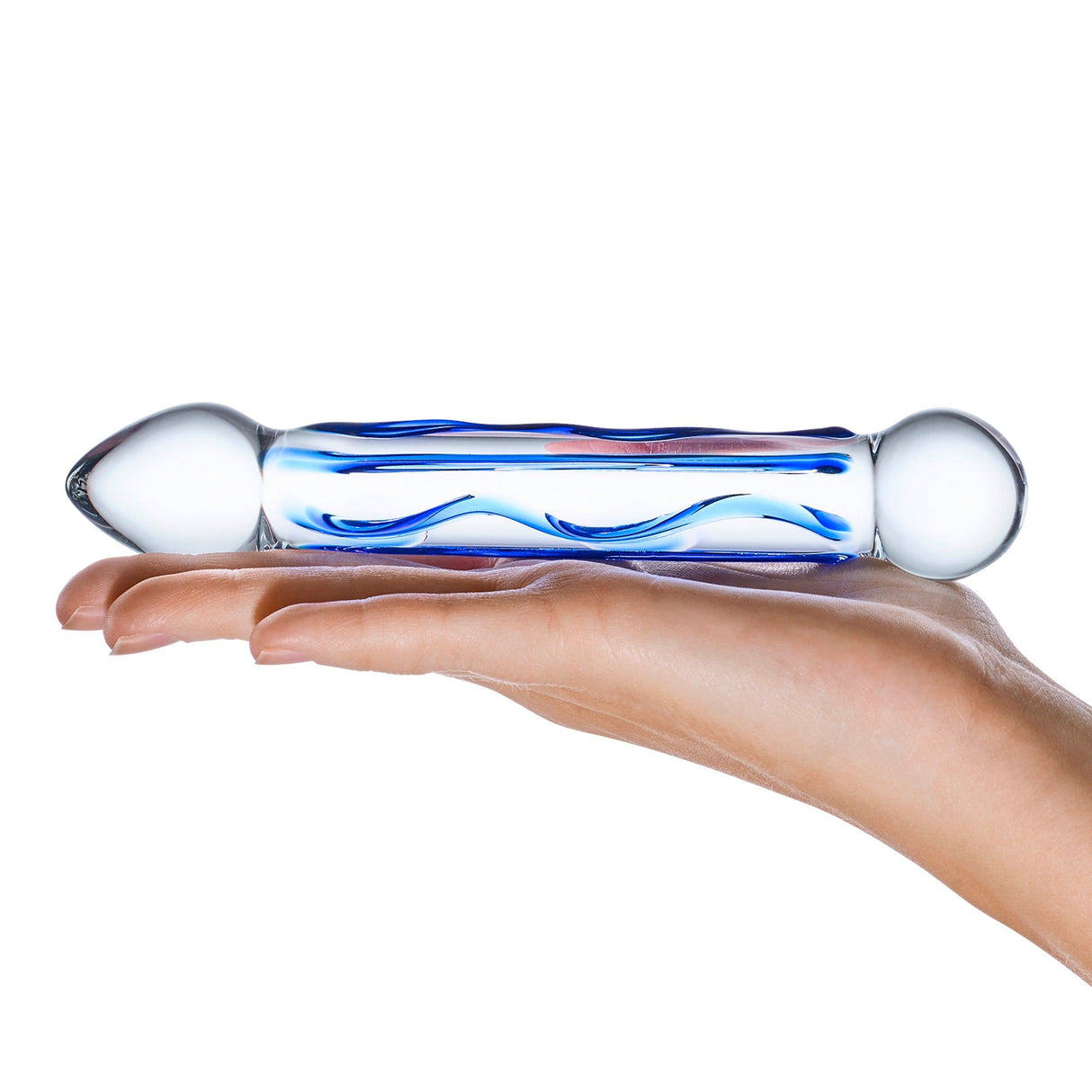 Model holding the Gläs 6.5" Textured Double Sided Blue Glass Dildo side view