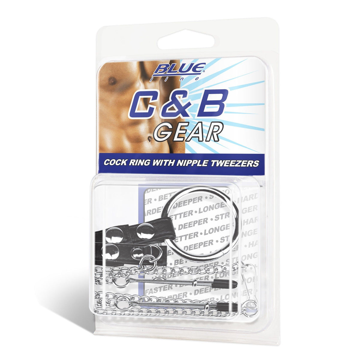 Packaging of the Blue Line Men Cock Ring with Nipple Tweezers at glastoy.com